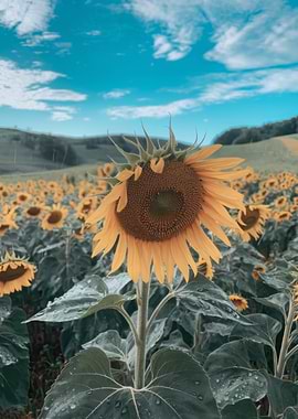 Sunflower field under a cloudy sky