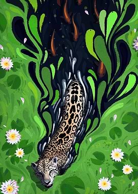 Jaguar in Water with Koi Fish