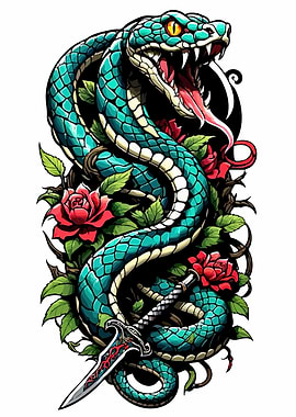 Snake, Roses, and Dagger Illustration
