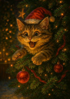Funny Christmas Cat in Tree