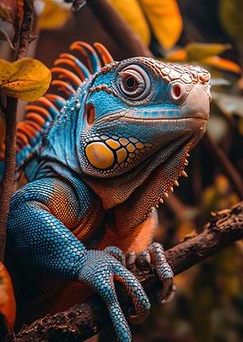 Blue and Orange Iguana Portrait