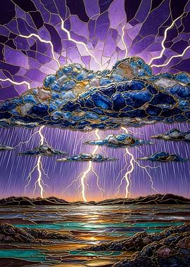 Stained Glass Lightning Storm Landscape