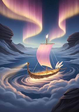 Dreamy Viking Ship Under Aurora Borealis