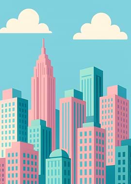 Pastel Cityscape with Skyscrapers and Clouds