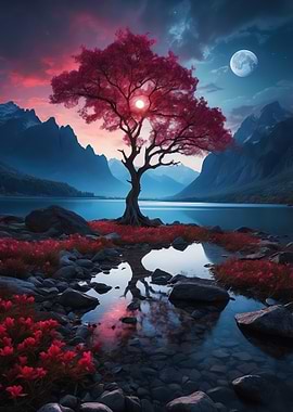 Red Tree by Lake at Night