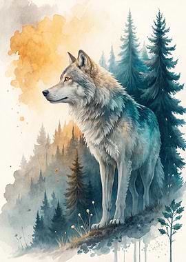 Watercolor Wolf in Forest Landscape