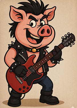 Rockstar Pig Cartoon Illustration
