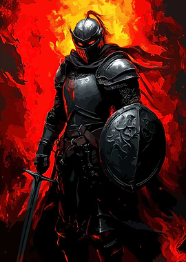 Armored Knight in Fiery Landscape