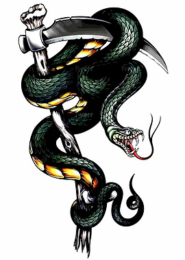 Snake Wrapped Around Scythe Illustration
