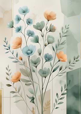 Watercolor Floral Arrangement with Geometric Accents