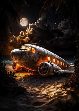 Crashed Airplane Beach Night