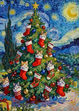 Starry Night Christmas Cats
