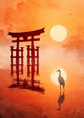 Japanese Torii Gate and Heron Sunset