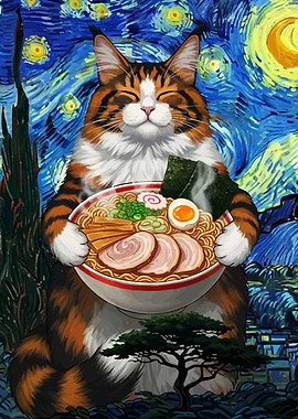 Cat Ramen Starry Night