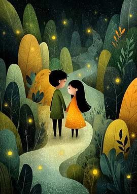 Couple walking in enchanted forest illustration