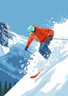 Skier in Action on Snowy Mountain