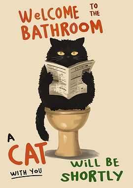 Welcome Bathroom Cat Newspaper Toilet Humor