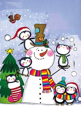 Snowman and Penguins Winter Holiday Scene