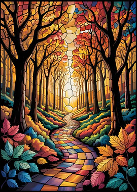 Stained Glass Forest Journey: A Luminous Autumn Escape