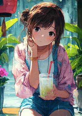 Anime Girl with Drink in Garden