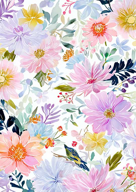 Watercolor Floral Pattern with Bird