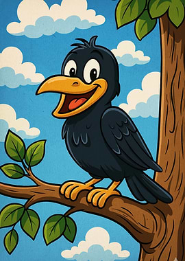 Cartoon Crow on a Tree Branch