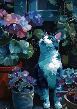 Cat among flowers, digital art