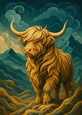 Highland Cow in Mountain Landscape