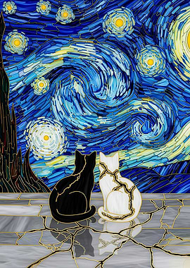 Cats under Starry Night mosaic
