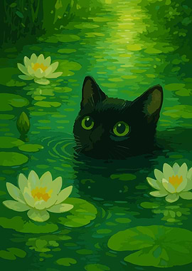 Black Cat in Lily Pond