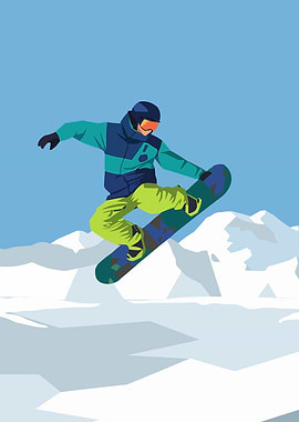 Snowboarder in Mid-Air over Snowy Mountains