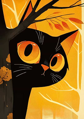 Black Cat Peeking from Behind Tree