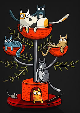 Cartoon Cats on Cat Tree