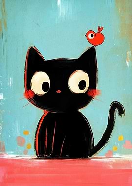 Black Cat and Red Bird Illustration