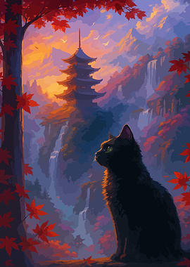 Japan Cat Scenery - Black Cat in Japanese Autumn Landscape