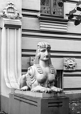 Sphinx Statue Black and White. Alberta street 2A, Riga, Latvia.