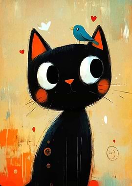 Cute Black Cat with Blue Bird