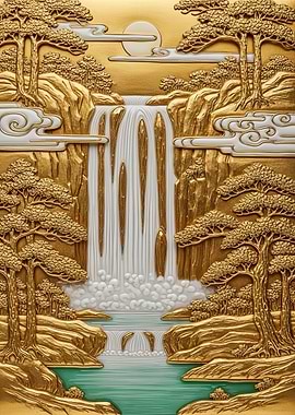 Golden Waterfall Landscape