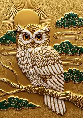 Golden Owl on Branch with Sun