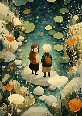 Children by a magical pond