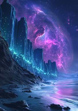 Cosmic Shoreline with Glowing Cliffs