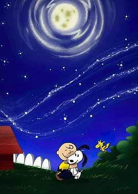 Charlie Brown and Snoopy under moonlight