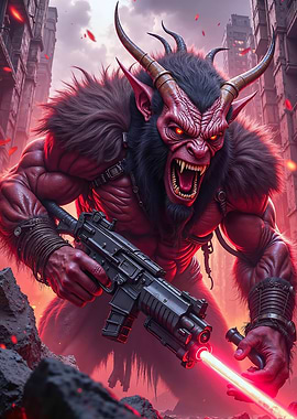 Demonic Warrior with Gun in Ruins