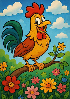 Cartoon Rooster on Branch with Flowers