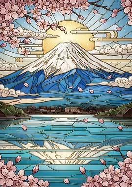 Mount Fuji Cherry Blossom Stained Glass