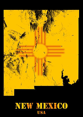 New Mexico USA Topographic Contour Relief Map blending terrain features into its emblematic colorful flag
