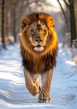 Majestic Lion Walking in Winter Forest