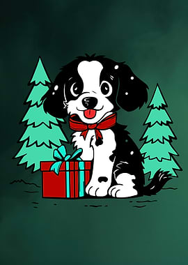 Cartoon Dog with Christmas Gift