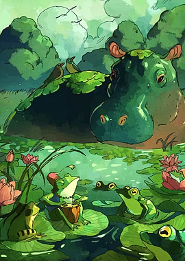 Frogs, Hippo, and Birds in Pond