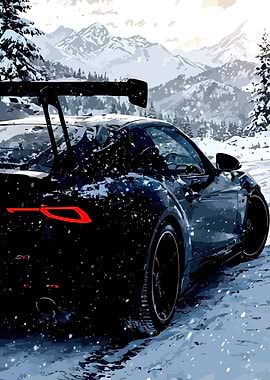 Black Car in Snowy Mountains